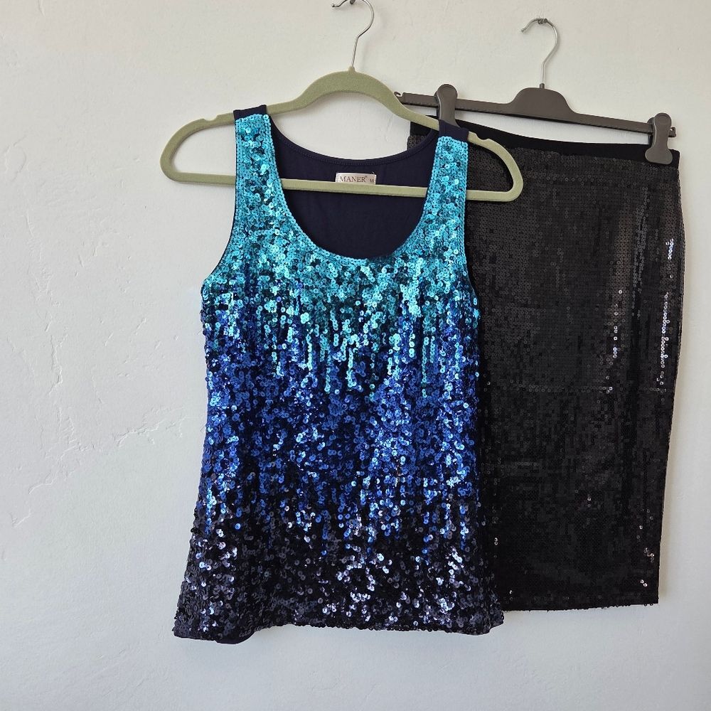 Sequin Set Skirt Camisole Party Flashy Fun Outfit Blue Black Cocktail Medium - Picture 2 of 10